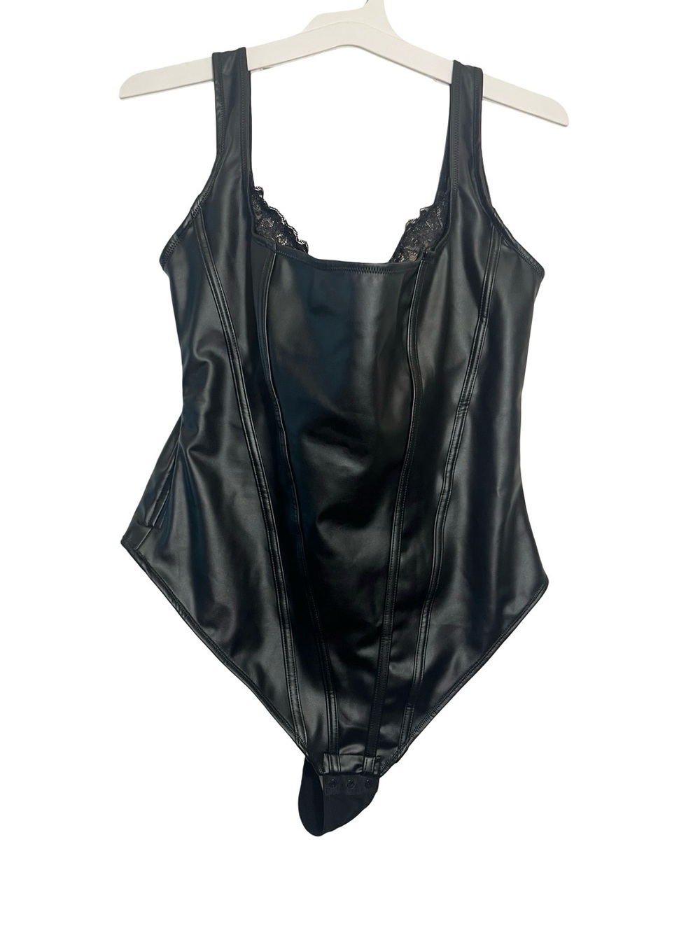 Black Faux Leather Lace-Trim Bodysuit
